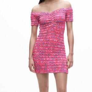 ZARA Knit Pink Floral Ruched Body Con Mini Dress Size Large